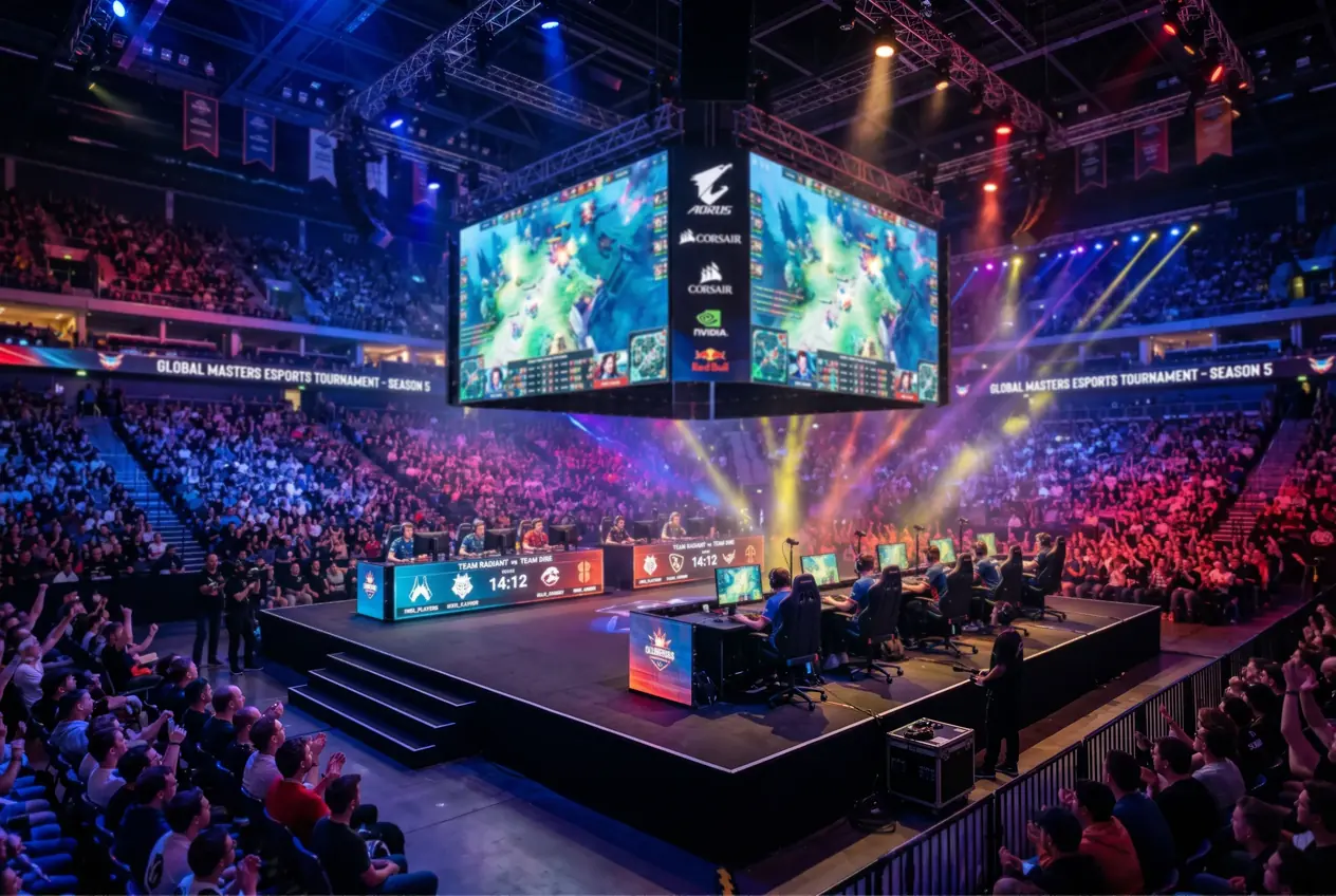 Arena de un torneo de esports con jugadores profesionales en sus puestos frente a los ordenadores y pantallas iluminadas