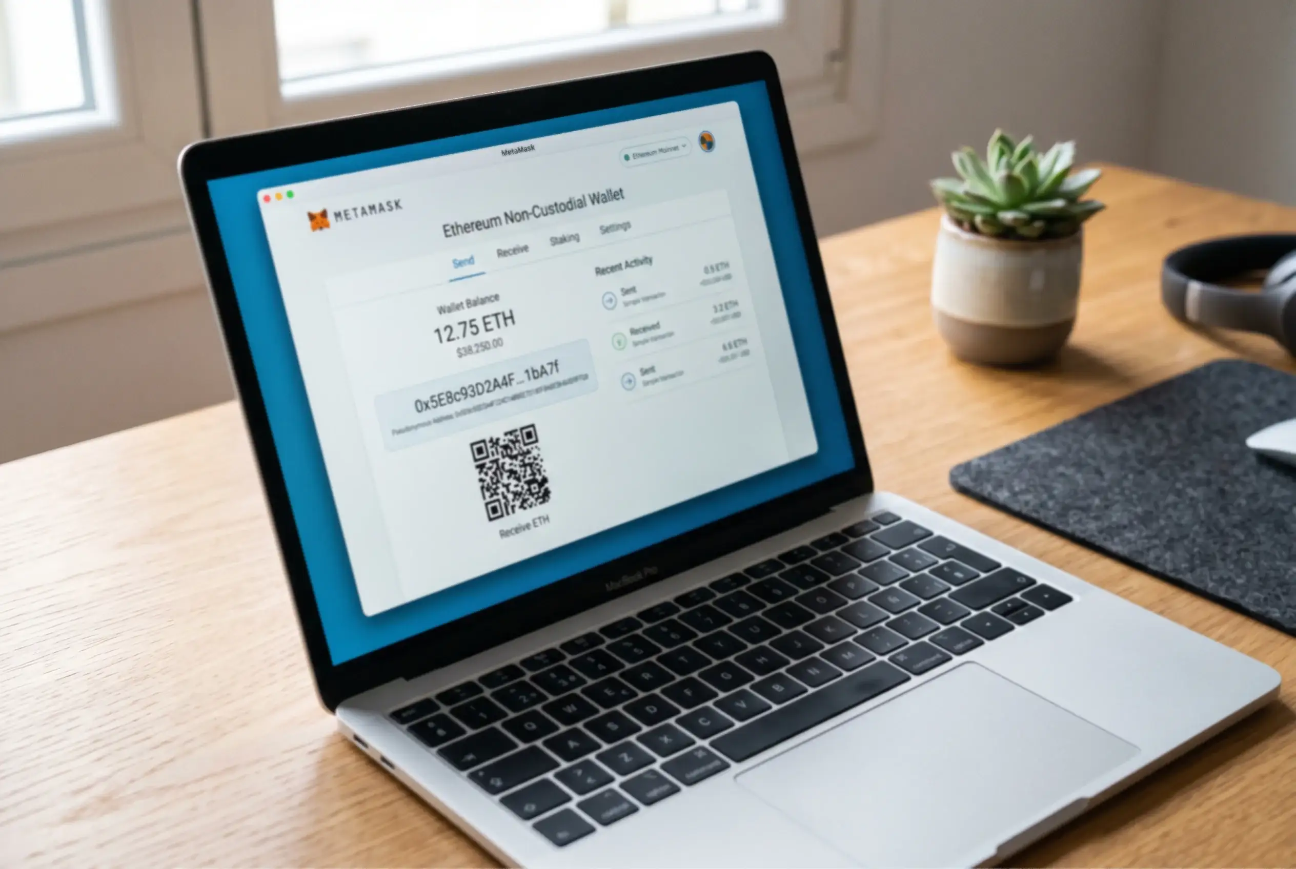Wallet de Ethereum abierta en un portátil sobre escritorio, mostrando una dirección pseudónima sin datos personales