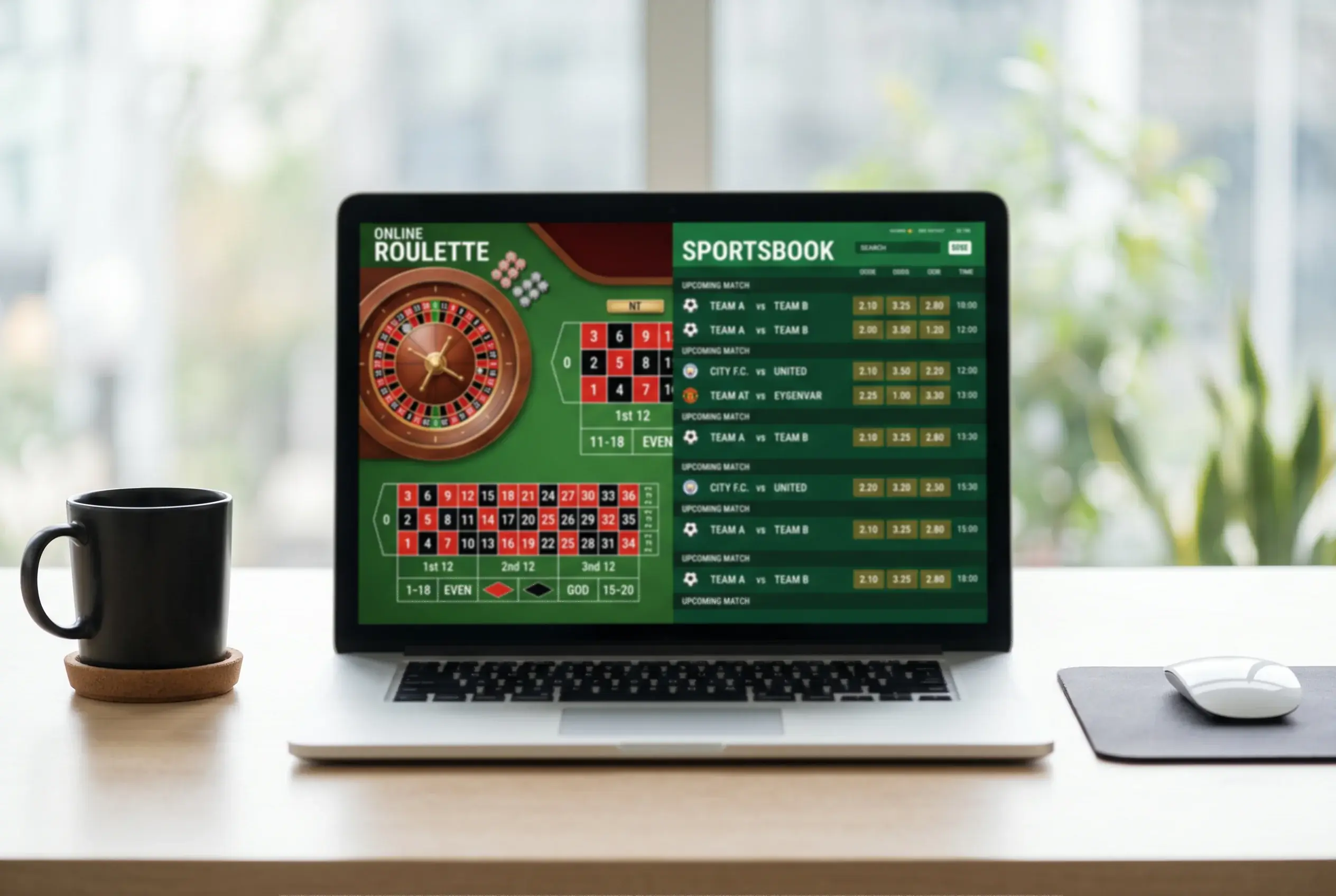 Pantalla de portátil dividida en dos: a la izquierda una mesa de ruleta de casino y a la derecha una pizarra de cuotas deportivas