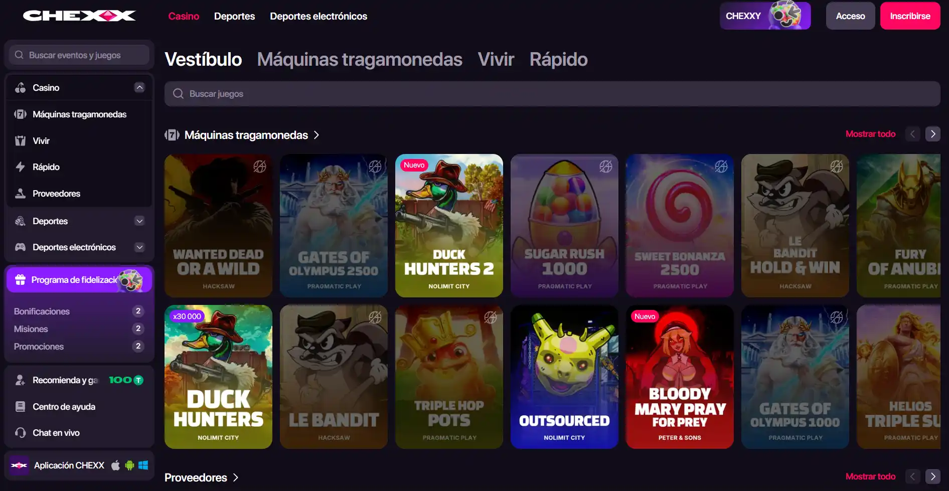 Catálogo de CHEXX con categorías, juegos y filtros del casino