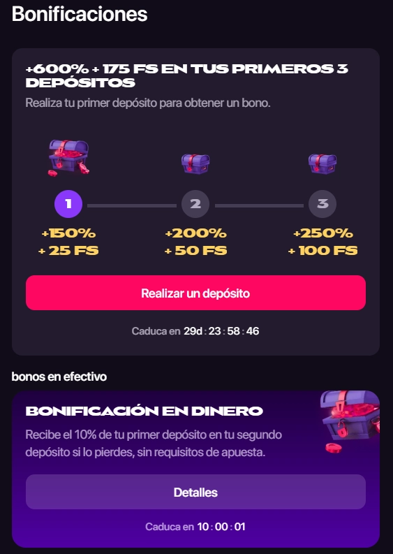Paquete de bienvenida CHEXX dividido entre tres depósitos y giros gratis