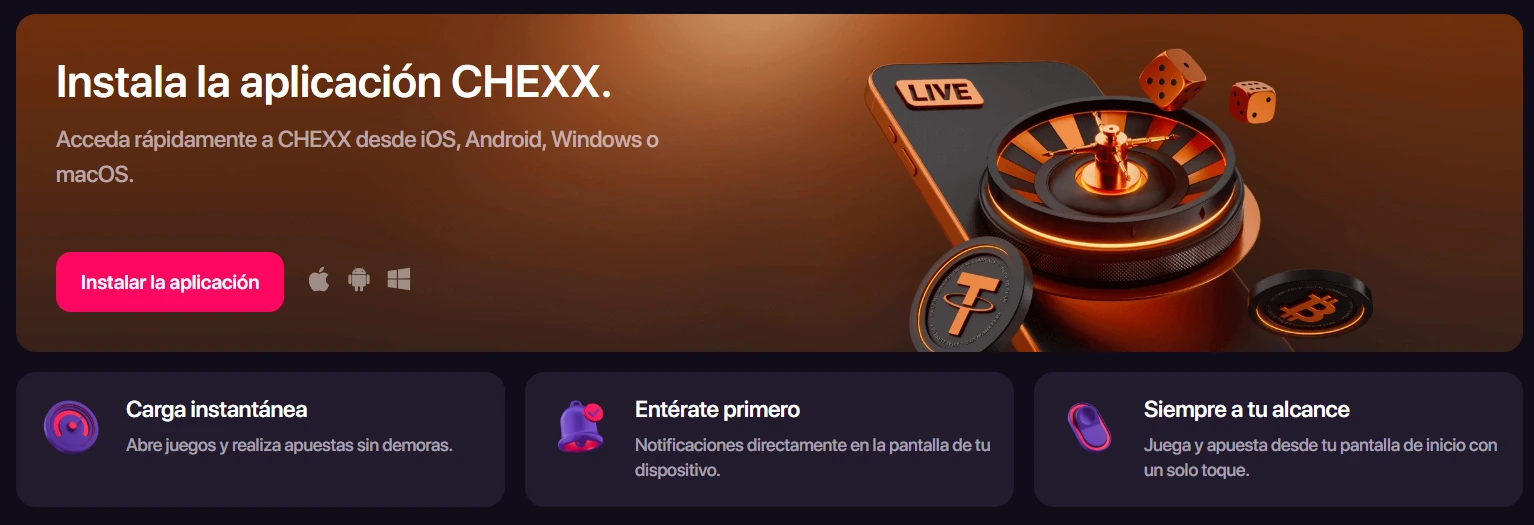 Página de instalación PWA de CHEXX para cuatro plataformas