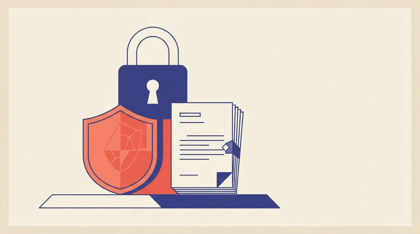 Candado, escudo y documentos como concepto de seguridad y reglas