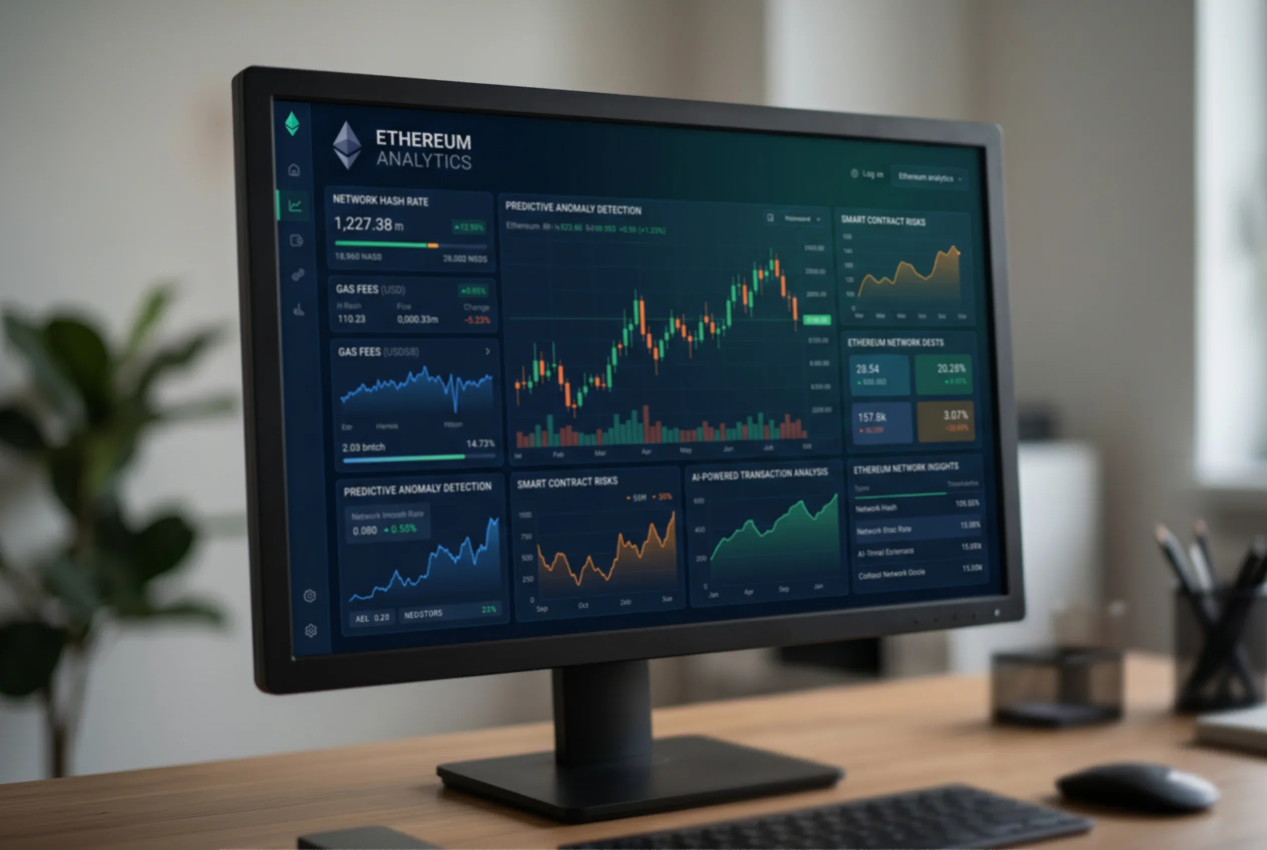 Pantalla de monitor mostrando una interfaz futurista de apuestas con tecnología blockchain y elementos de inteligencia artificial
