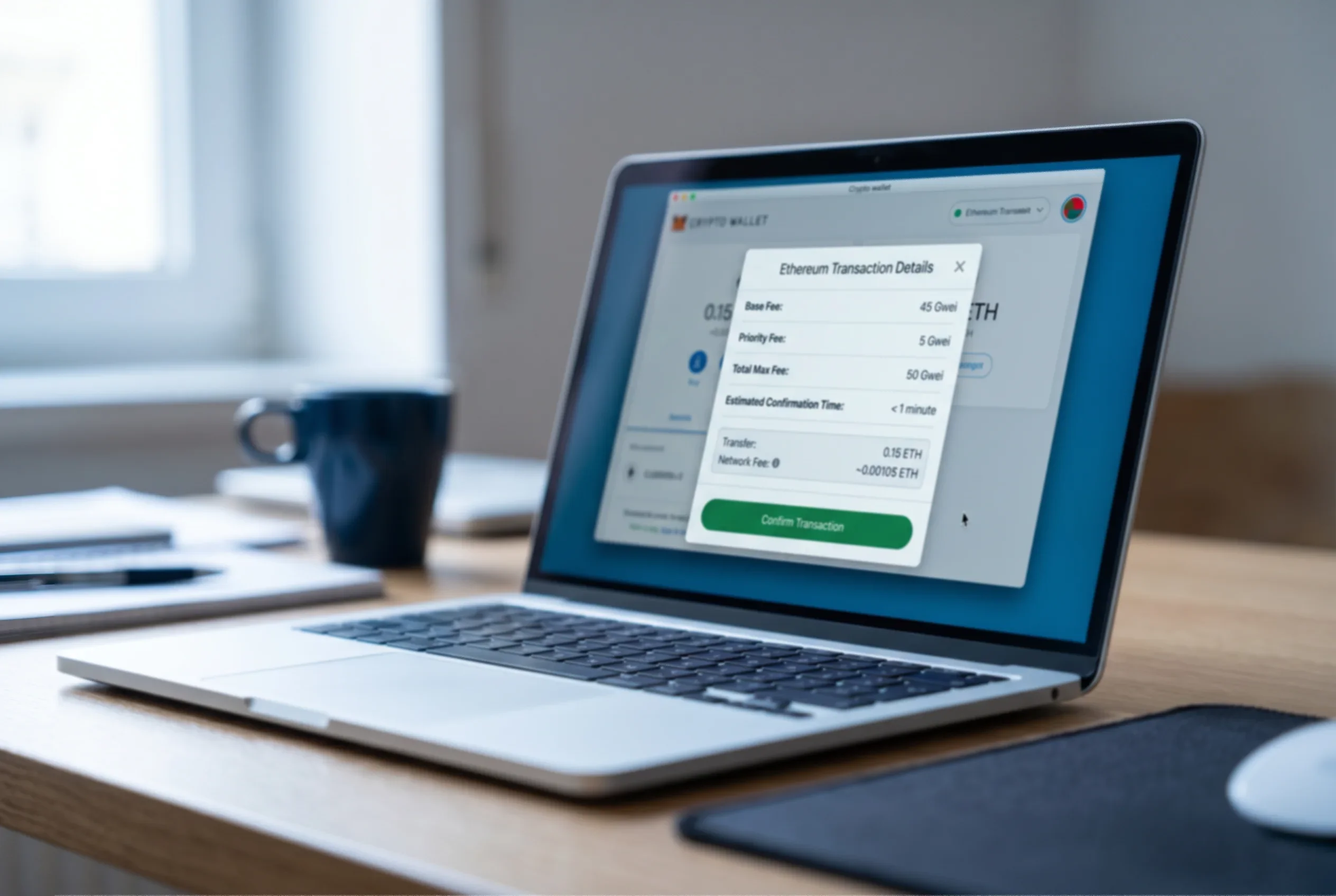 Pantalla de wallet Ethereum mostrando el detalle de una transacción con base fee, priority fee y total en Gwei