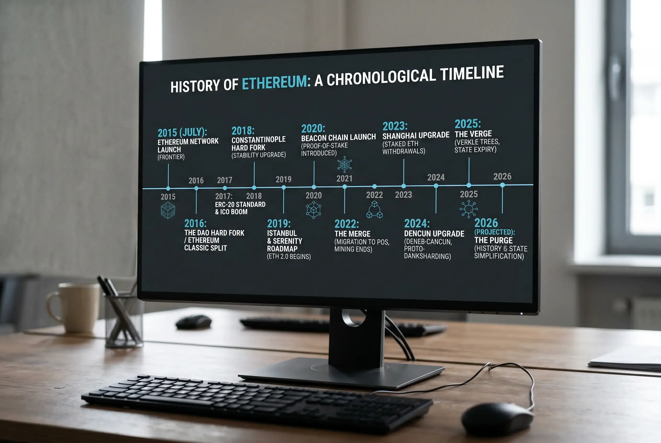Pantalla de monitor mostrando una línea de tiempo con los hitos de la blockchain Ethereum desde 2015