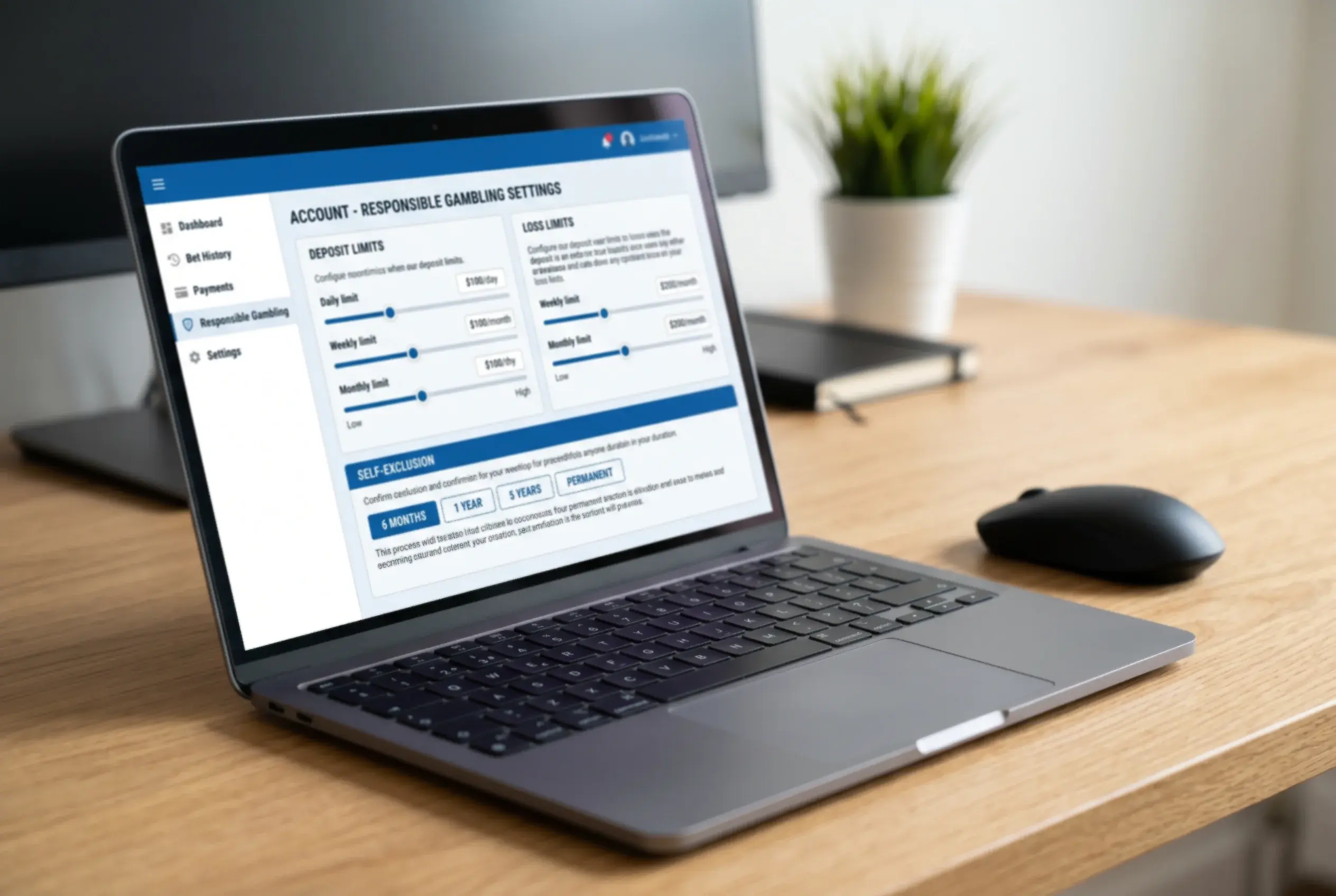 Pantalla de portátil mostrando un panel de configuración de límites de depósito y autoexclusión en una cuenta de apuestas