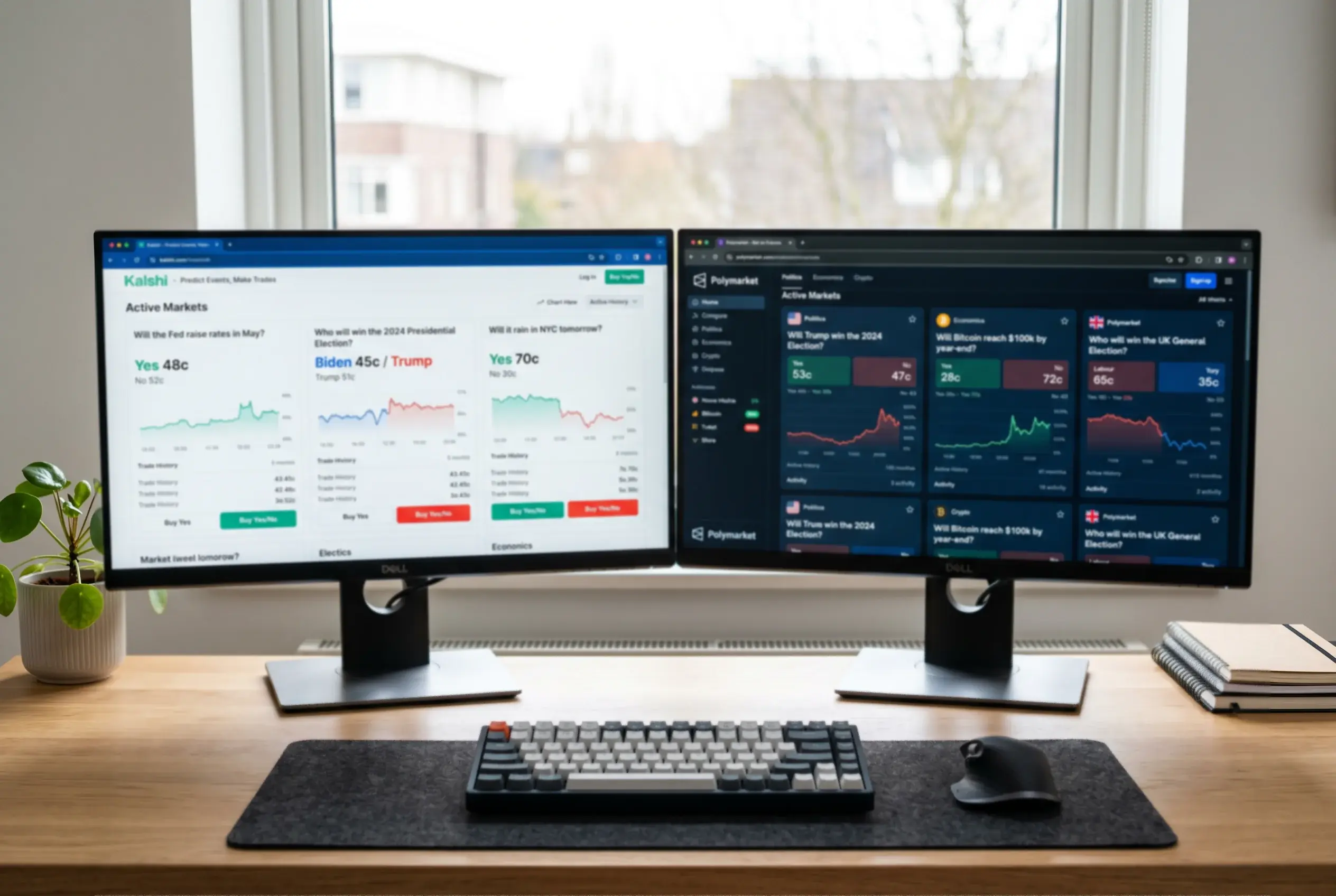 Dos pantallas de monitor mostrando lado a lado las interfaces de los mercados de predicciones Kalshi y Polymarket