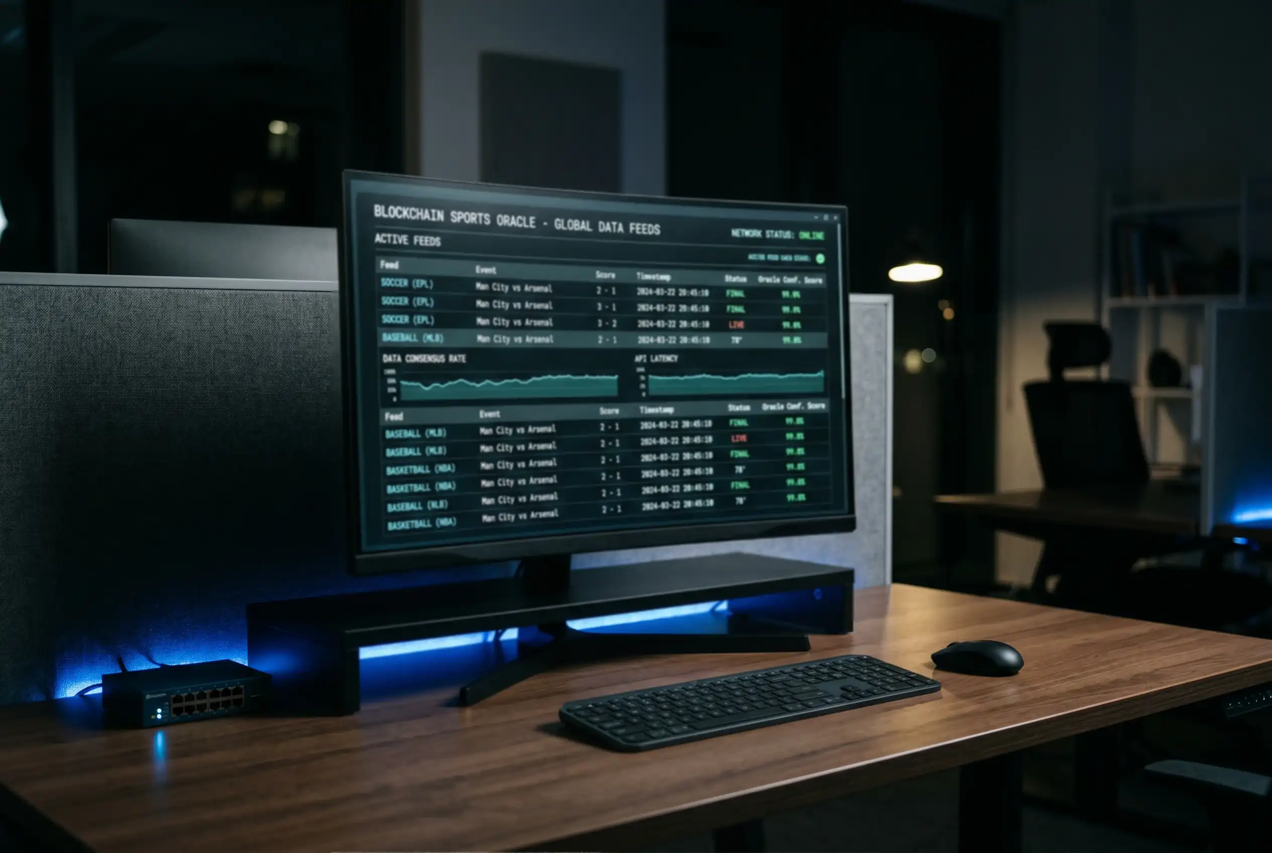 Pantalla de monitor mostrando un panel de oráculos blockchain con feeds de datos deportivos en tiempo real