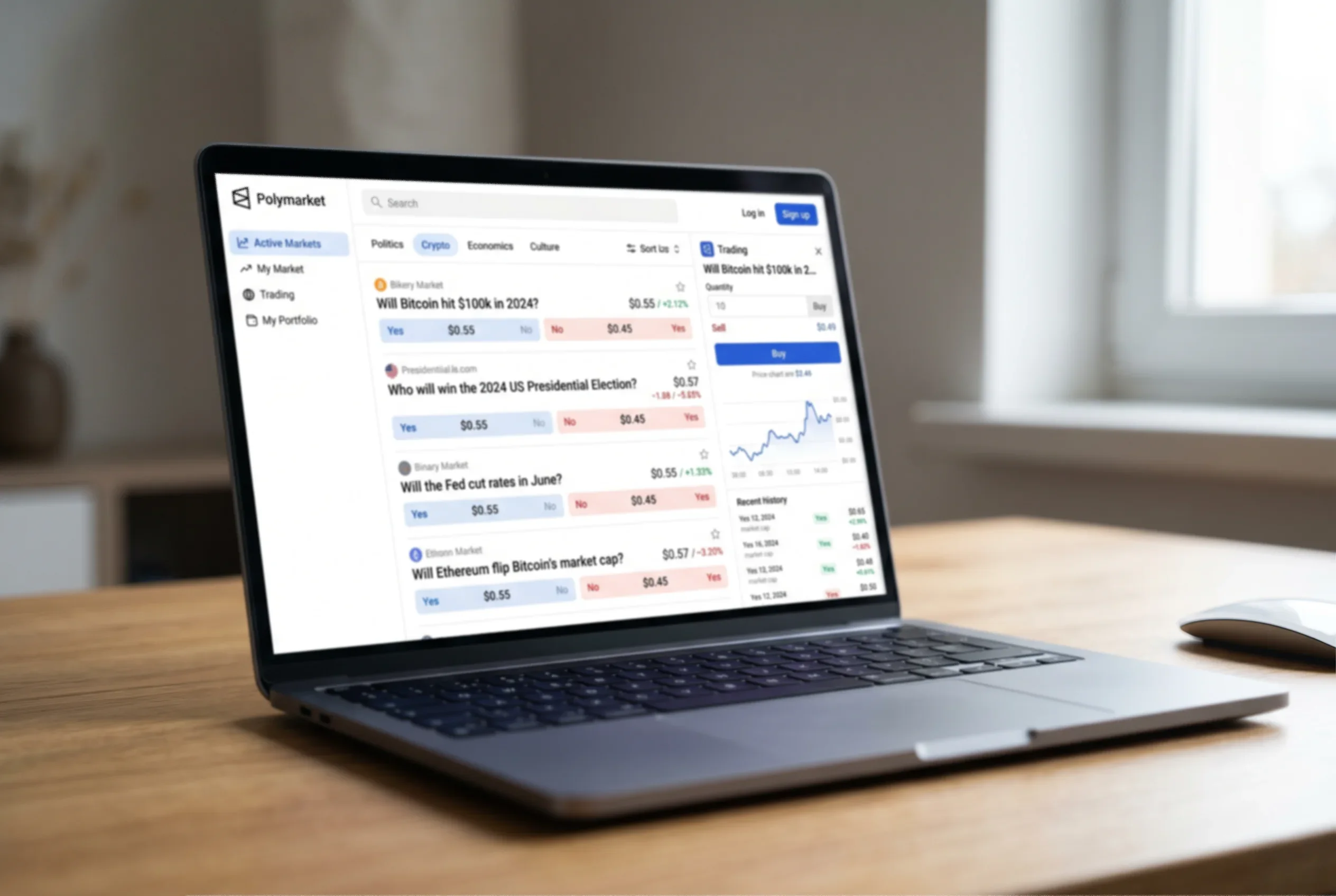 Pantalla de un ordenador mostrando la interfaz de Polymarket con mercados de predicciones y precios en tiempo real