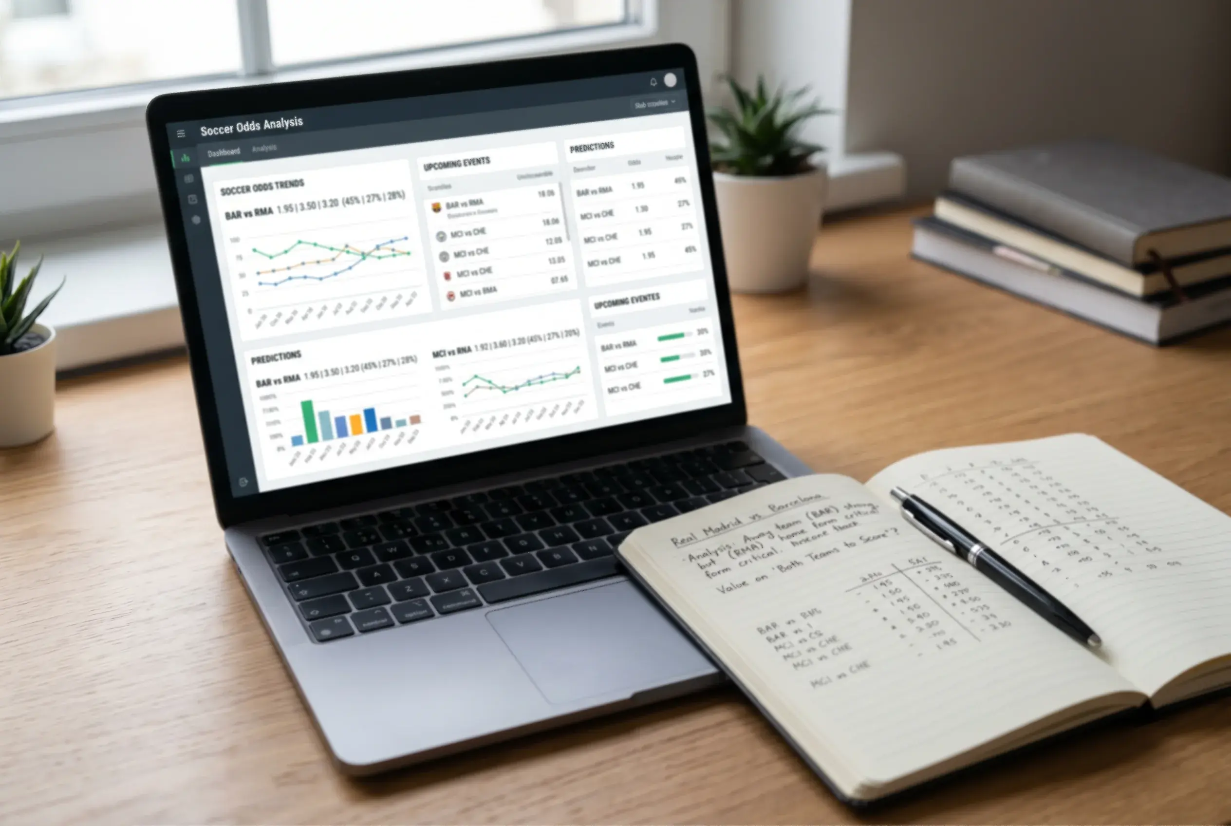 Escritorio con un portátil abierto mostrando un análisis de cuotas deportivas y un cuaderno con anotaciones de pronósticos