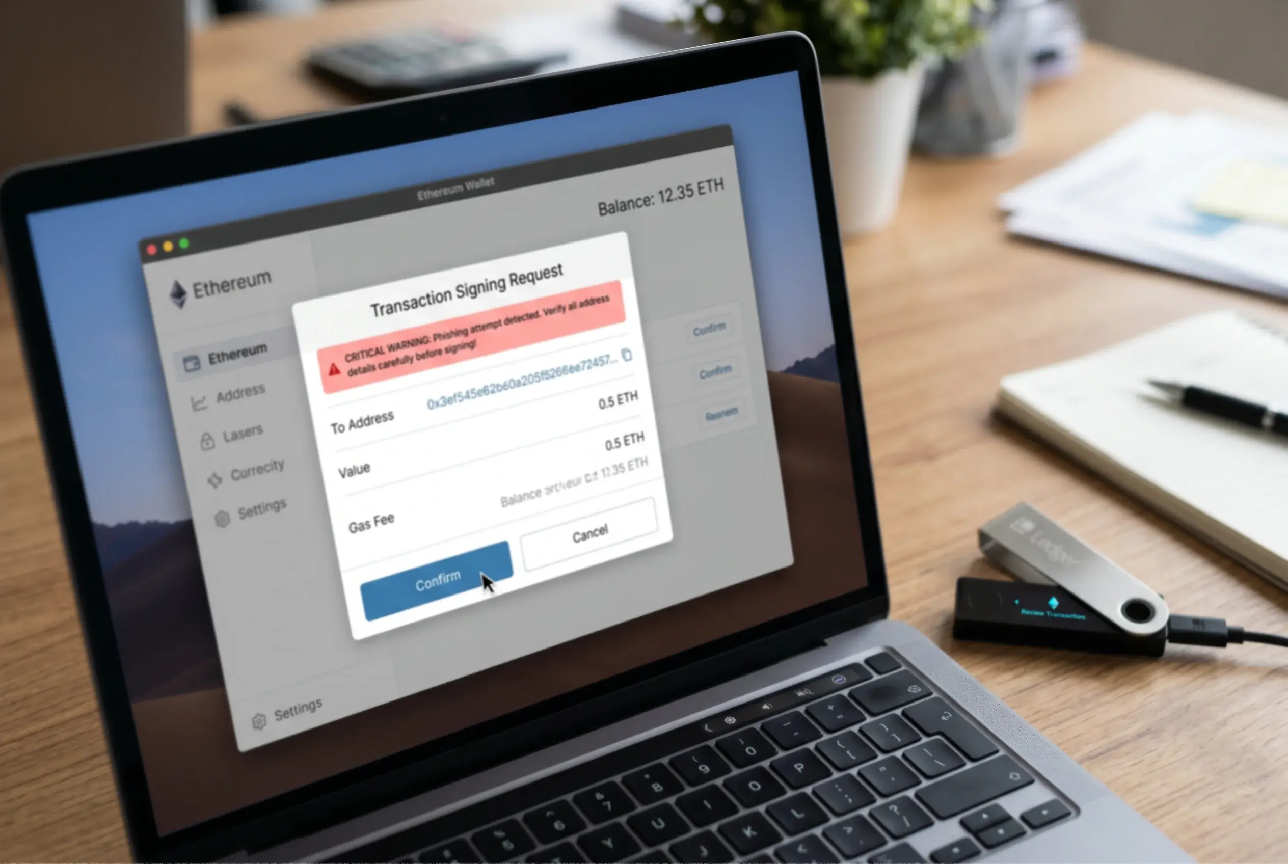Pantalla de wallet de Ethereum mostrando una solicitud de firma de transacción con una alerta de seguridad
