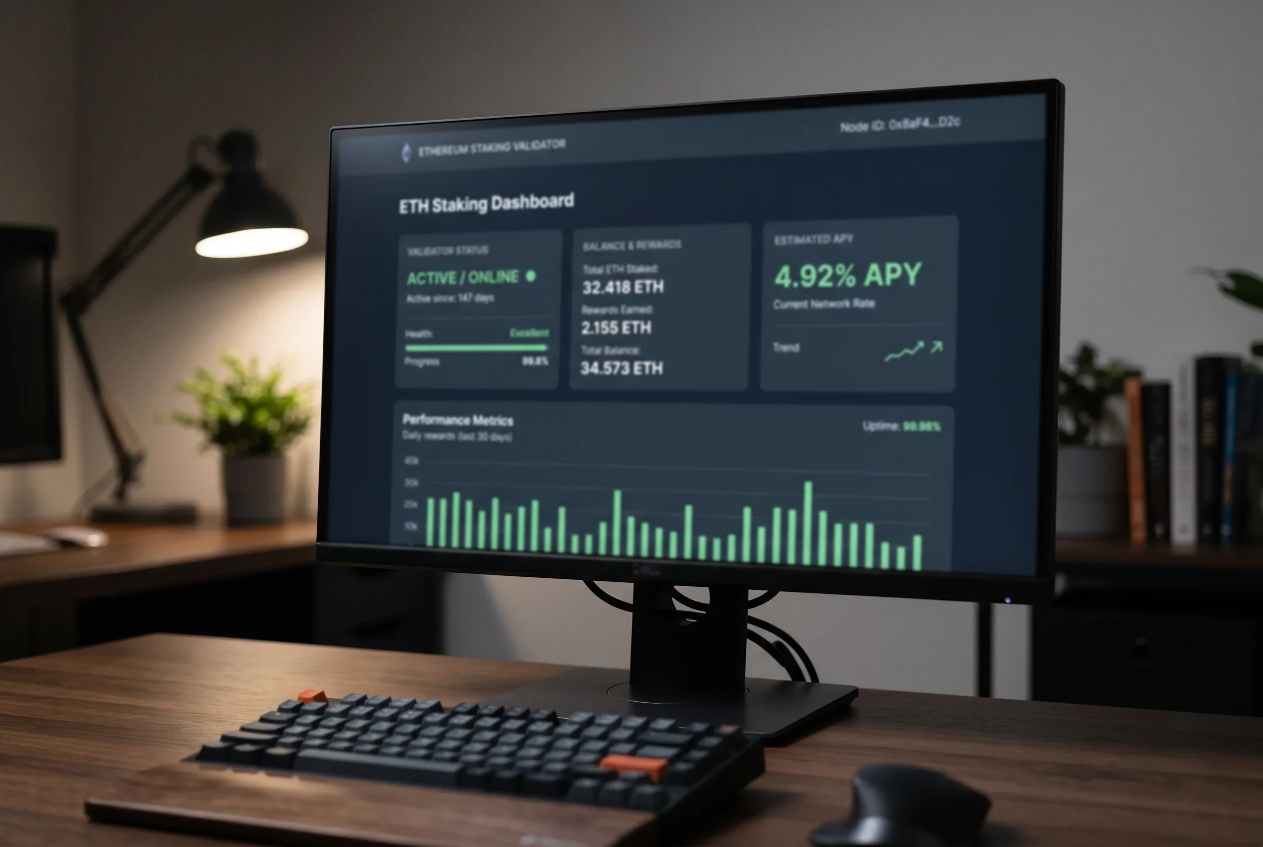 Pantalla de monitor mostrando un panel de staking de Ethereum con rendimiento APY y saldo del validador