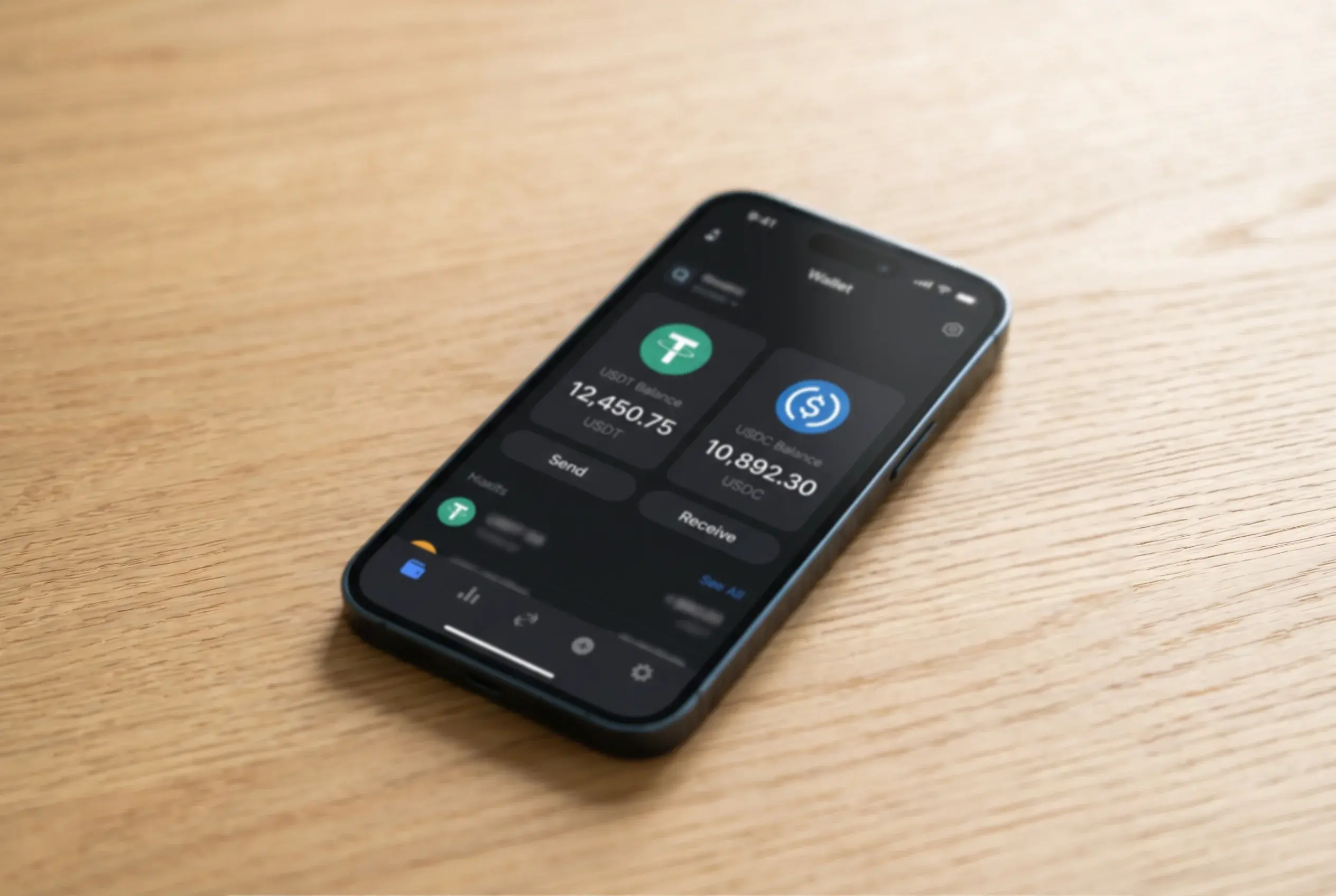 Pantalla de wallet mostrando los saldos de las stablecoins USDT y USDC lado a lado