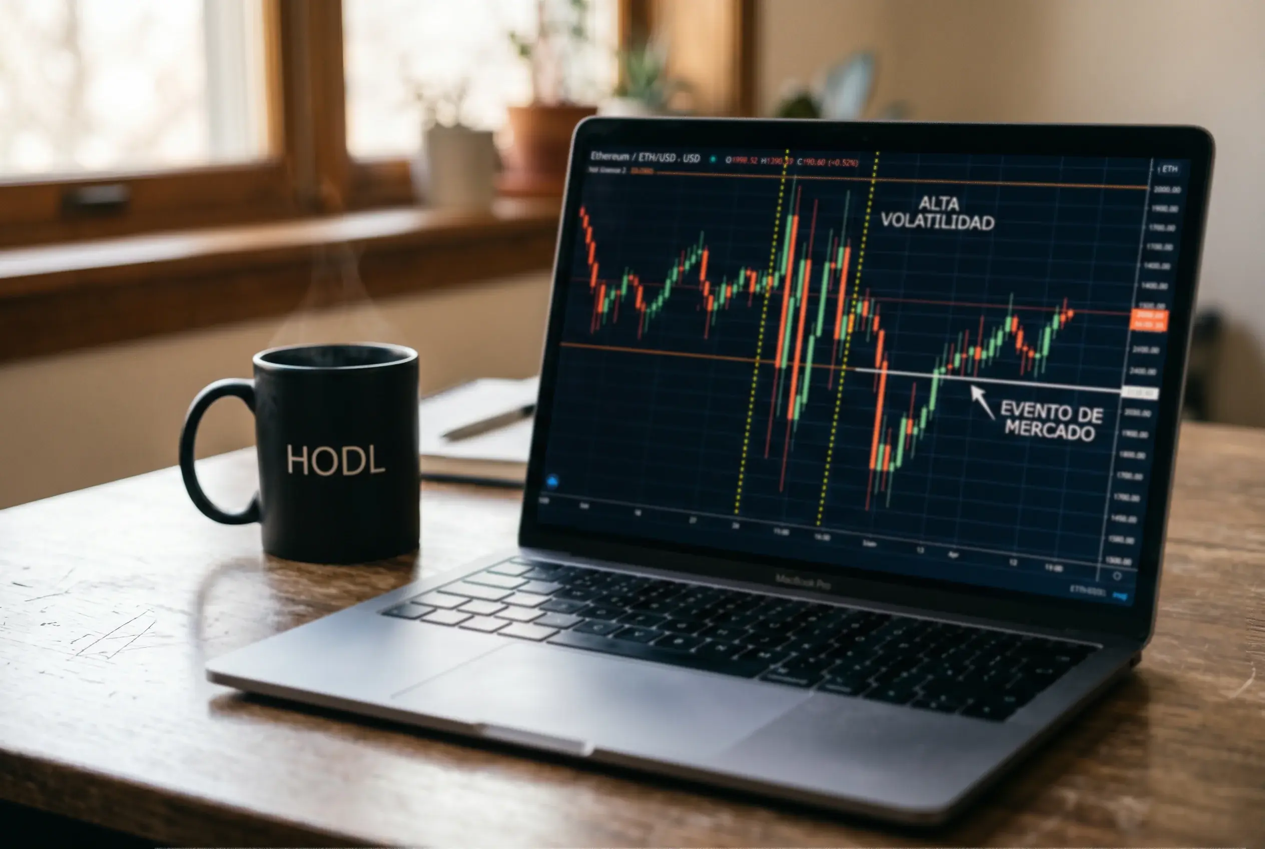 Pantalla de portátil mostrando un gráfico de precio de Ethereum con fluctuaciones marcadas en velas japonesas