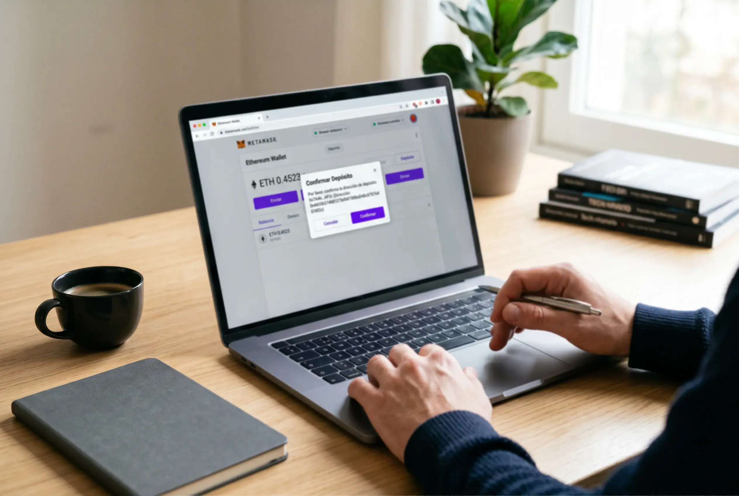 Cartera de Ethereum en el navegador preparando un depósito en una casa de apuestas