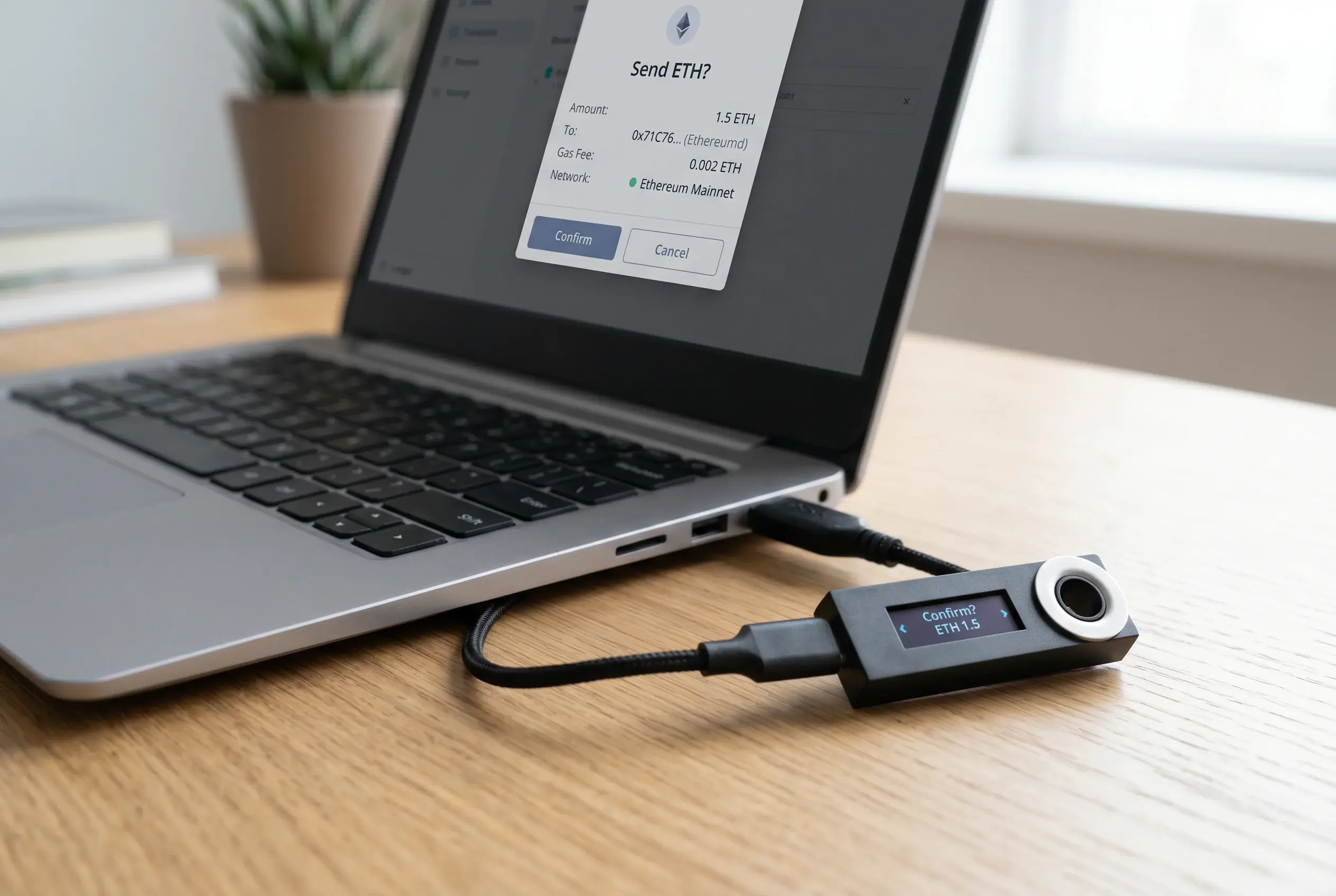 Hardware wallet Ledger conectada a un portátil mostrando la pantalla de confirmación de una transacción de Ethereum